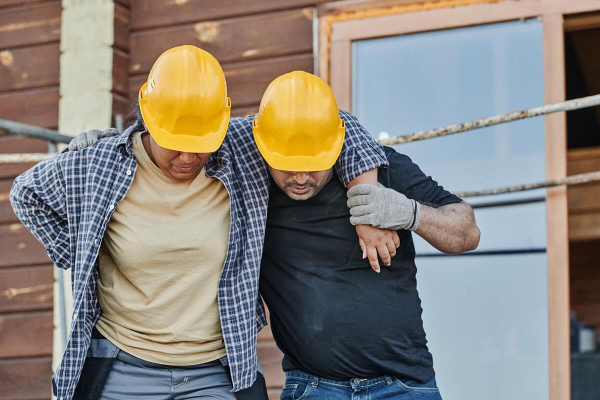 Como prevenir acidentes e se proteger Dois trabalhadores de capacete se ajudando em obra