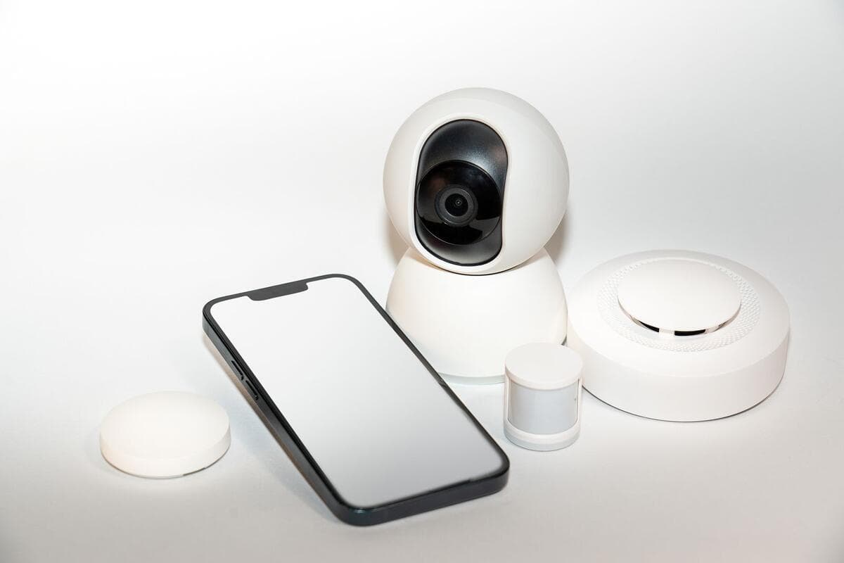 Privacidade, vizinhos e condomínio Câmera de segurança doméstica, sensores e celular com aplicativo de monitoramento