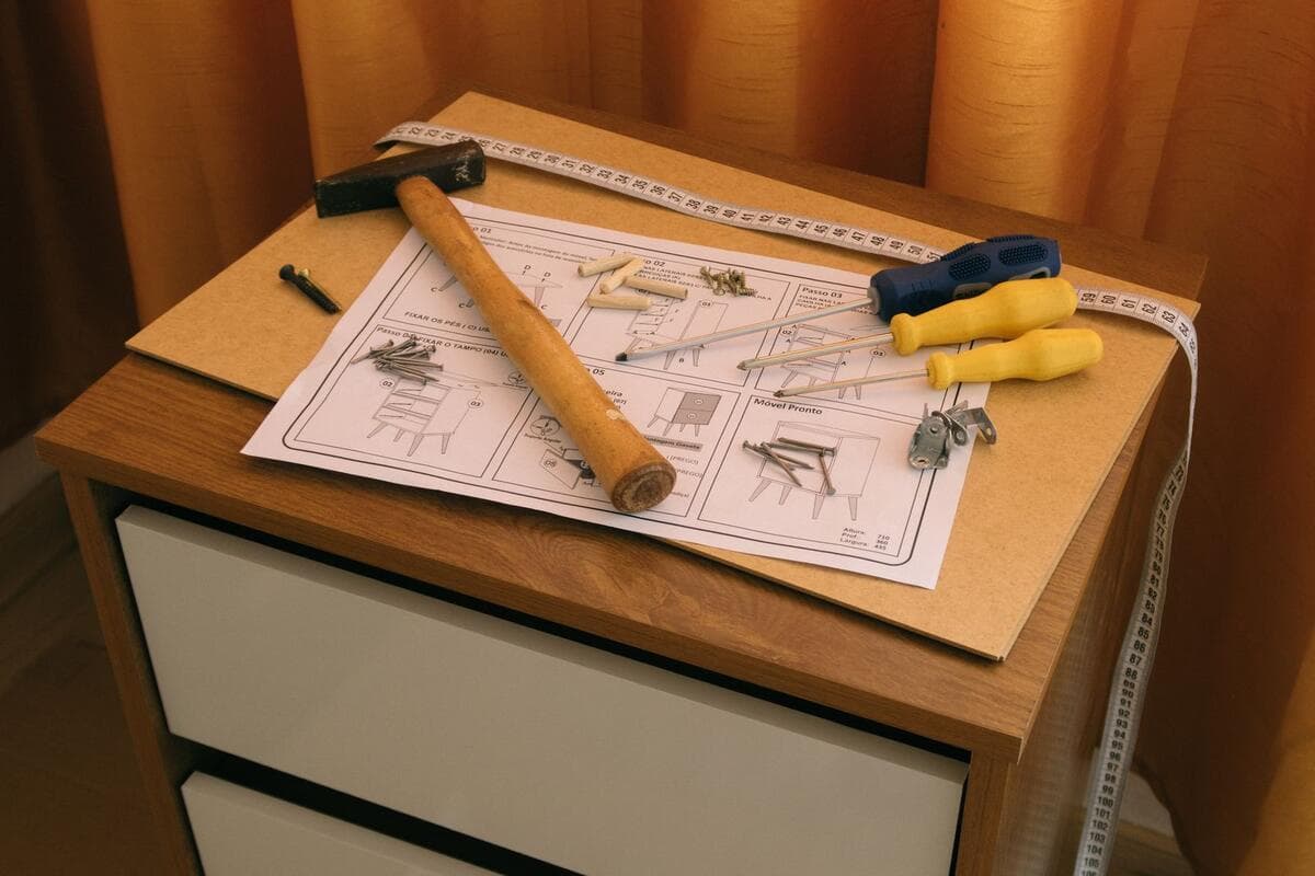 Gaveteiro de madeira com manual de montagem, martelo e ferramentas sobre o tampo