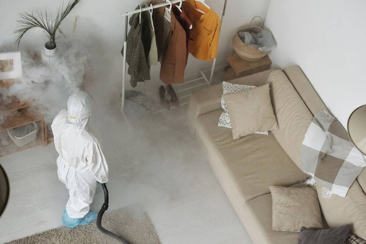 Profissional com equipamento de proteção aplicando produto em sala